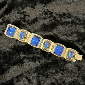 Vintage Taxco Signed Sterling Silver Blue Glass Panel Link Bracelet